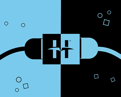 a graphic of plugs connected via branded blue and black box
