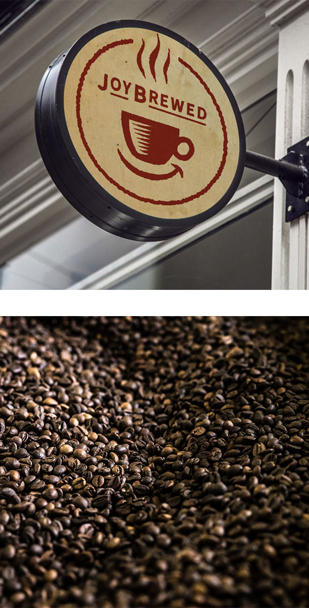 joybrewed sign and coffee beans